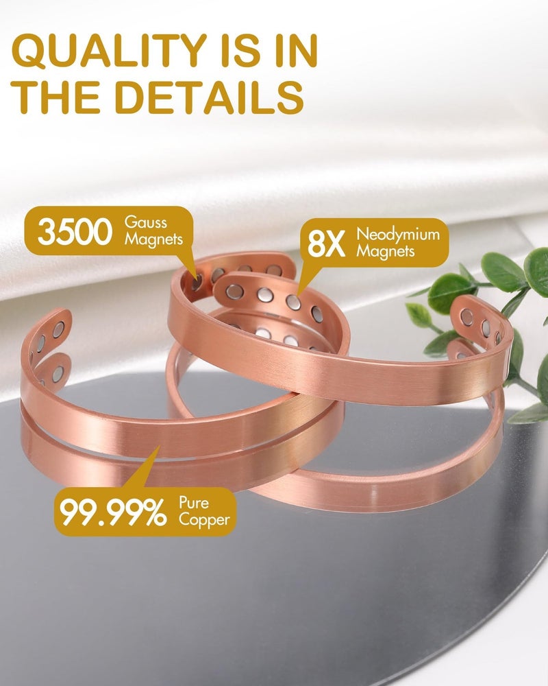 Feraco Copper Magnetic Bracelet for Men Women, 99.99% Pure Copper Cuff Bangle with Effective Neodymium Magnets, Adjustable Jewelry Gifts (Set of 2) - Image 2